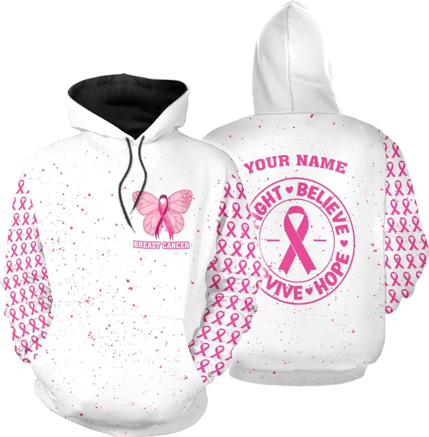 Personalized Breast Cancer Hoodie 3D, Pink Ribbon Awareness Sweatshirt, Survivor Pride Breast Cancer Zip Hoodie