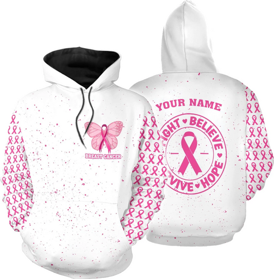 Personalized Breast Cancer Hoodie 3D, Pink Ribbon Awareness Sweatshirt, Survivor Pride Breast Cancer Zip Hoodie