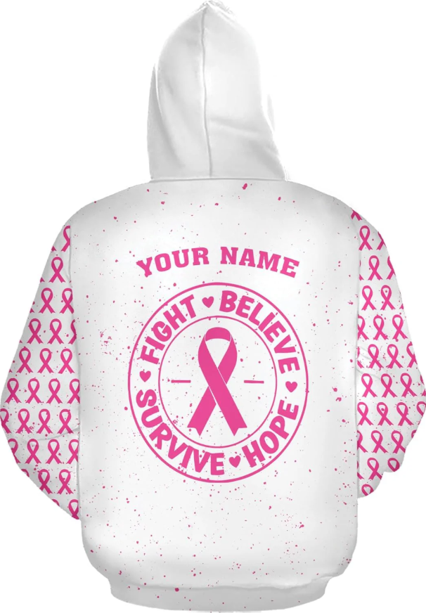 Personalized Breast Cancer Hoodie 3D, Pink Ribbon Awareness Sweatshirt, Survivor Pride Breast Cancer Zip Hoodie
