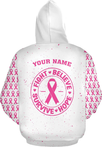 Personalized Breast Cancer Hoodie 3D, Pink Ribbon Awareness Sweatshirt, Survivor Pride Breast Cancer Zip Hoodie
