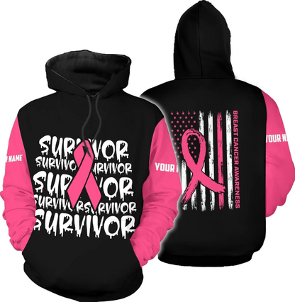 Personalized Breast Cancer Hoodie 3D, Pink Ribbon Awareness Sweatshirt, Survivor Pride Breast Cancer Zip Hoodie