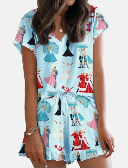 White Christmas Print V-Neck Satin Pajama Set