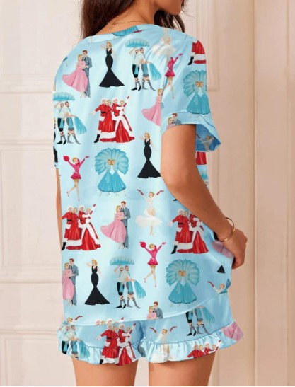 White Christmas Print V-Neck Satin Pajama Set