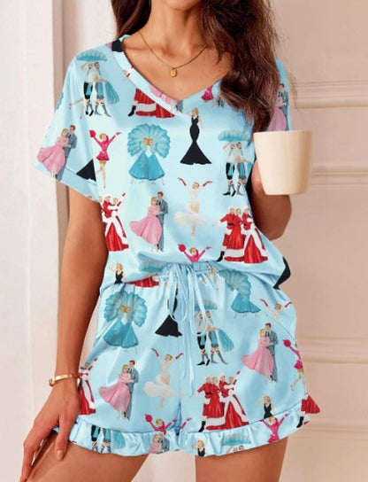 White Christmas Print V-Neck Satin Pajama Set