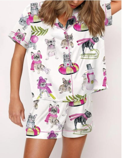 Christmas Skiing French Bulldog Satin Pajama Set