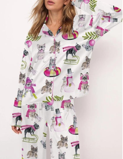 Christmas Skiing French Bulldog Satin Pajama Set