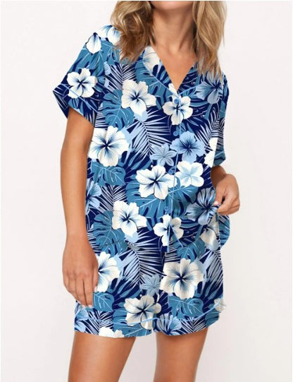 Blue Hawaiian Floral Silky Satin Pajama Set
