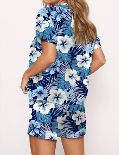 Blue Hawaiian Floral Silky Satin Pajama Set