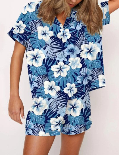 Blue Hawaiian Floral Silky Satin Pajama Set