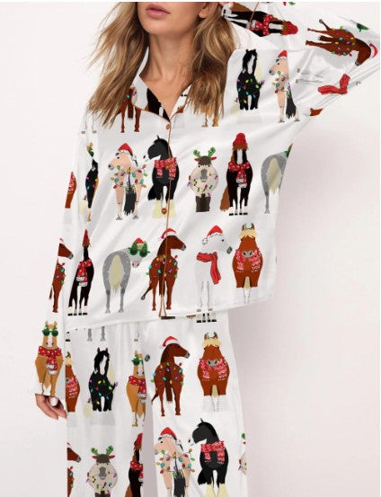 Funny Horse Christmas Satin Pajama Set