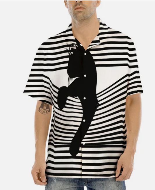 Striped Black Cat Print Men's Hawaiian Shirt