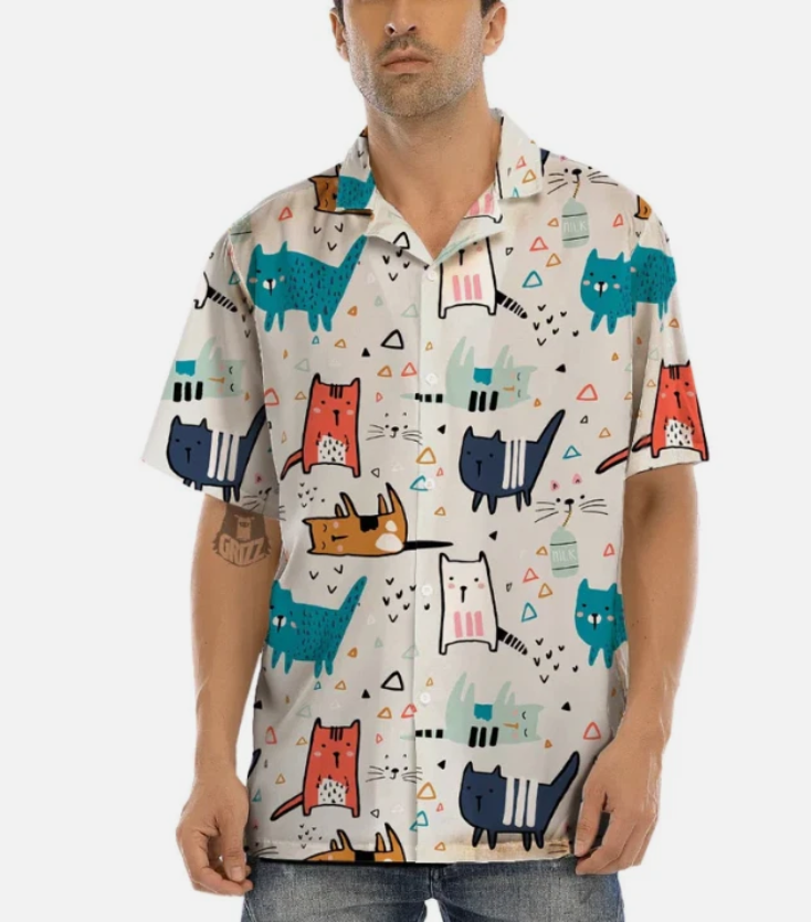 Cute Cartoon Doodle Cat Print Men’s Hawaiian Shirt