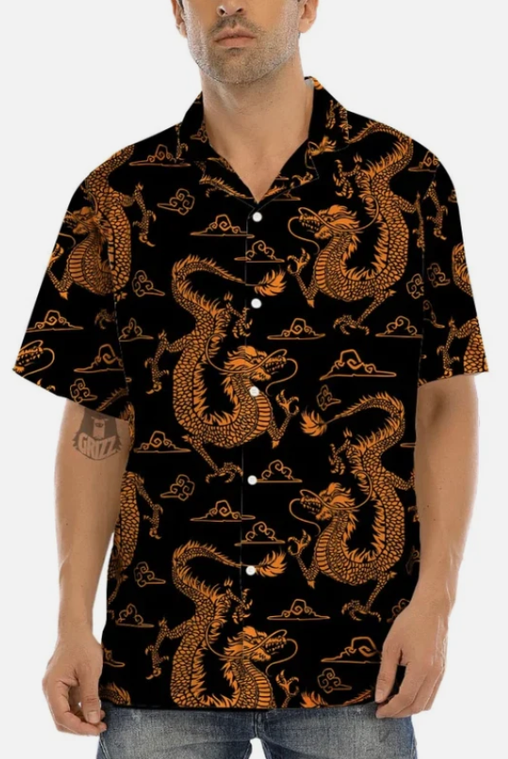Gold Janpanese Dragon Print Men’s Hawaiian Shirt