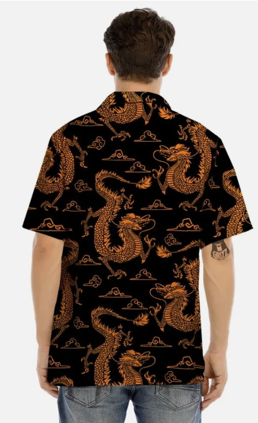 Gold Janpanese Dragon Print Men’s Hawaiian Shirt