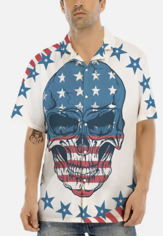 Skull Patriotic American Print Men's Hawaiian Shirt