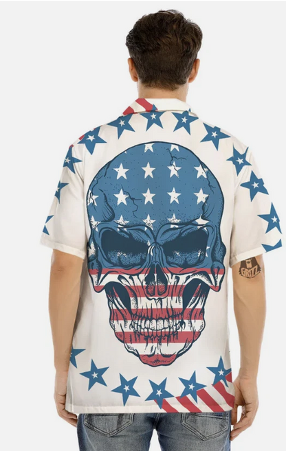 Skull Patriotic American Print Men's Hawaiian Shirt