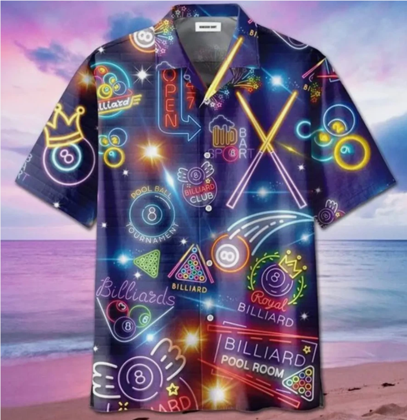 Billiards Pool Room Illuminated by Neon on a Hawaiian Shirt