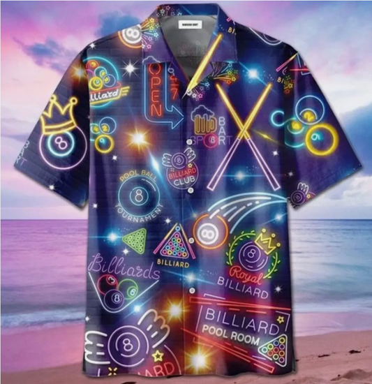 Billiards Pool Room Illuminated by Neon on a Hawaiian Shirt