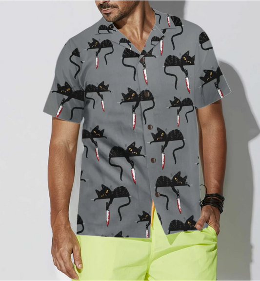 Black Cat With Knife Hawaiian Shirt, Funny Black Cat Shirt