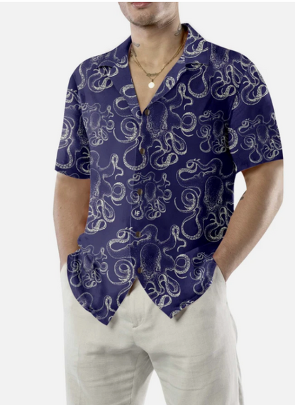 Hand Drawn Octopus Hawaiian Shirt, Unique Navy Octopus Shirt