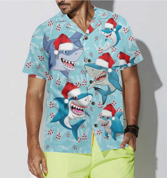 Merry Christmas Shark Santa Hat Christmas Hawaiian Shirt