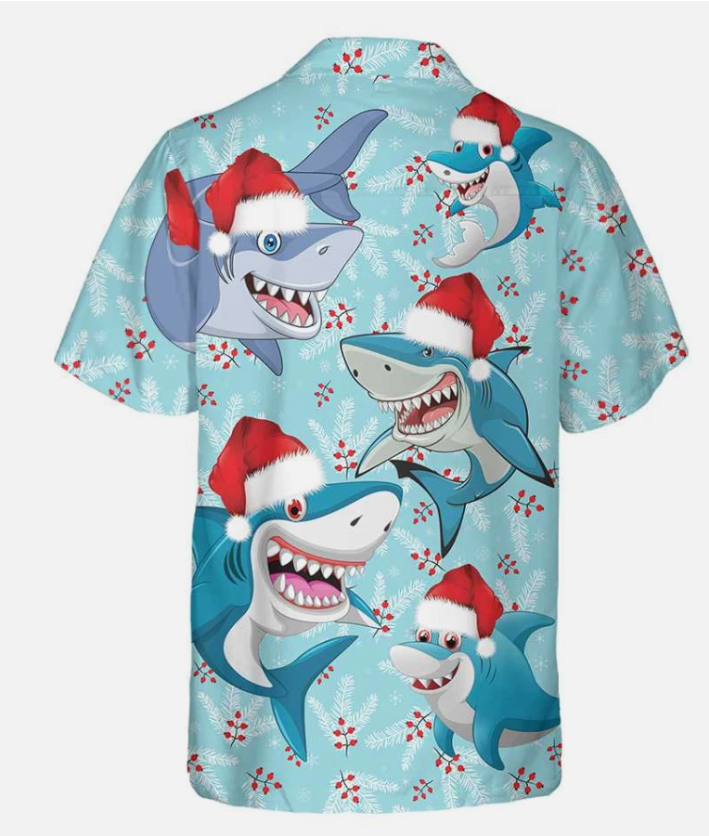 Merry Christmas Shark Santa Hat Christmas Hawaiian Shirt