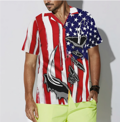 Fish Hook American Flag Hawaiian Shirt