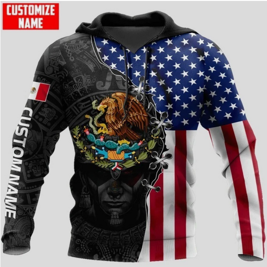Customized Aztec Hoodie Mexico American Flag Pattern, Mexican American Hoodie
