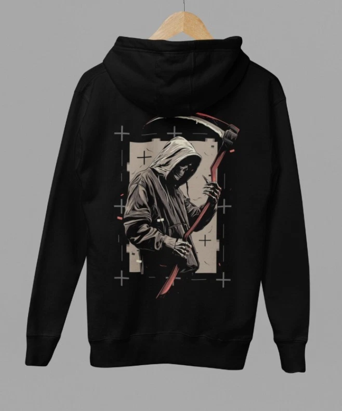 Grim Reaper Hoodie, Back Print Scythe Graphic, Unisex Hoodie