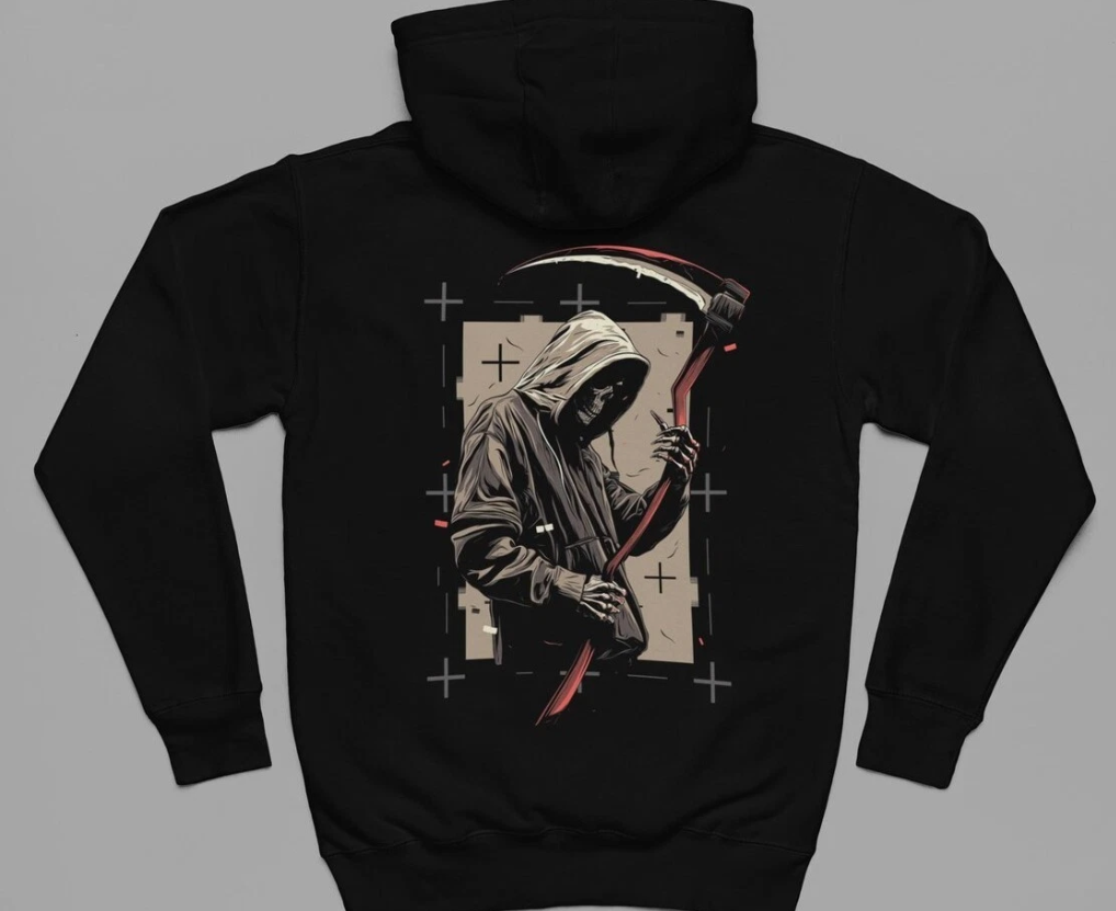 Grim Reaper Hoodie, Back Print Scythe Graphic, Unisex Hoodie