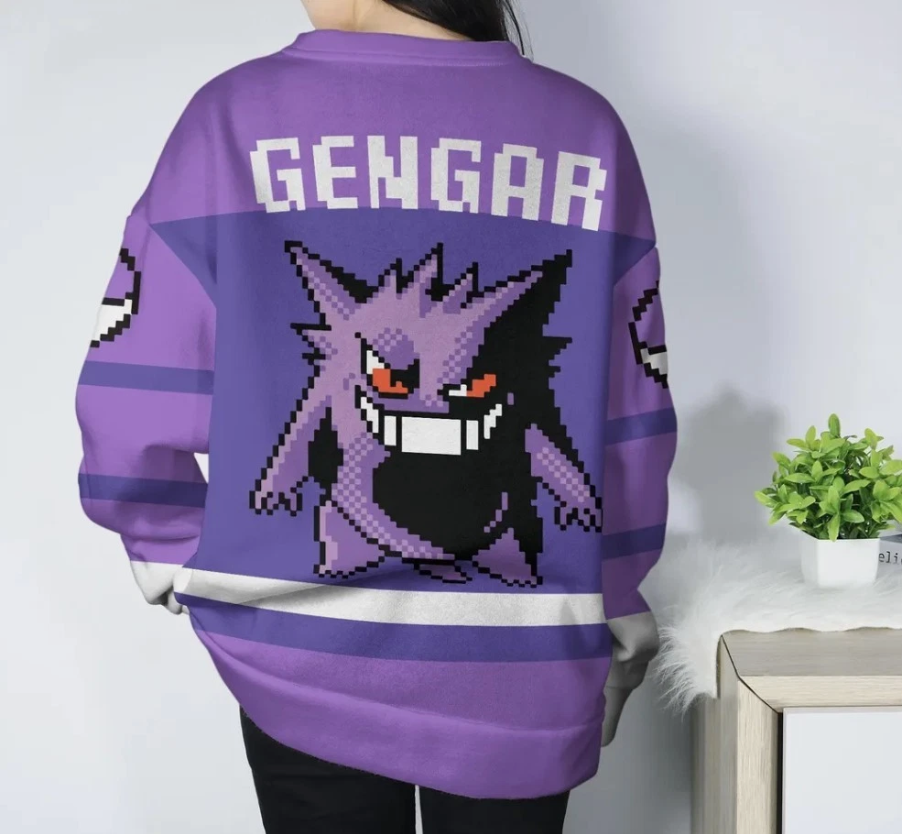 Gengar Hoodie, Retro Gengar Pixel Art Sweatshirt, Cute 8-bit Gengar Graphic Hood