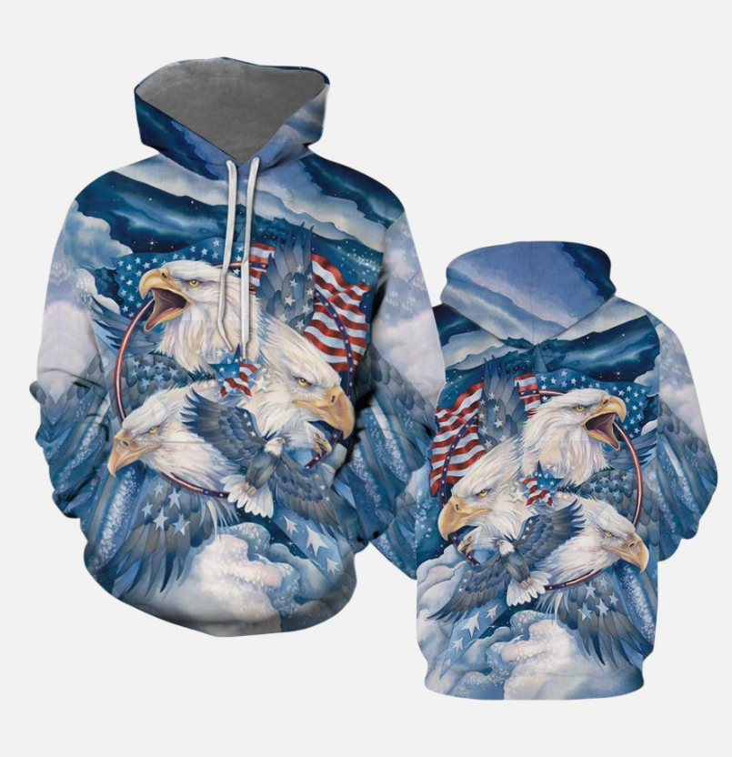 Bald Eagle Blue American Flag Patriotic 3D All Over Print Hoodie