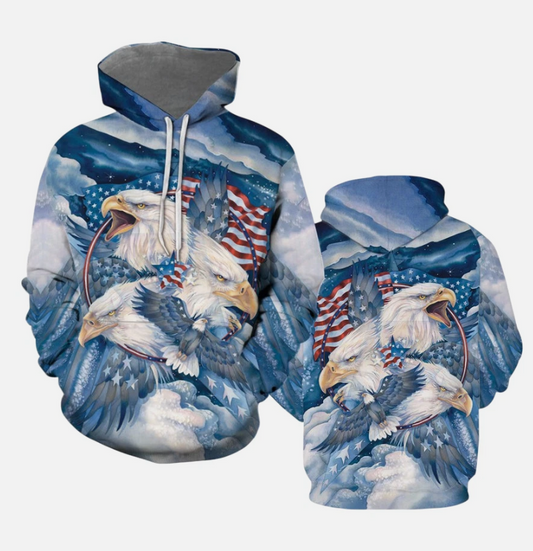 Bald Eagle Blue American Flag Patriotic 3D All Over Print Hoodie