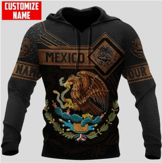 Custom Name Mexico Hoodie Leather Pattern Snake Eagle Mexican Hoodies