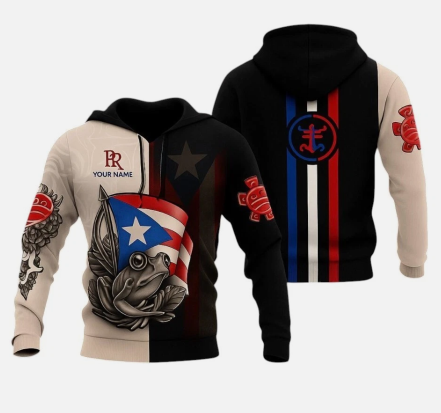 Puerto Rico Coqui Frog Hoodie: Tribal Flag 3D Pullover - Custom Name