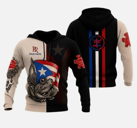 Puerto Rico Coqui Frog Hoodie: Tribal Flag 3D Pullover - Custom Name