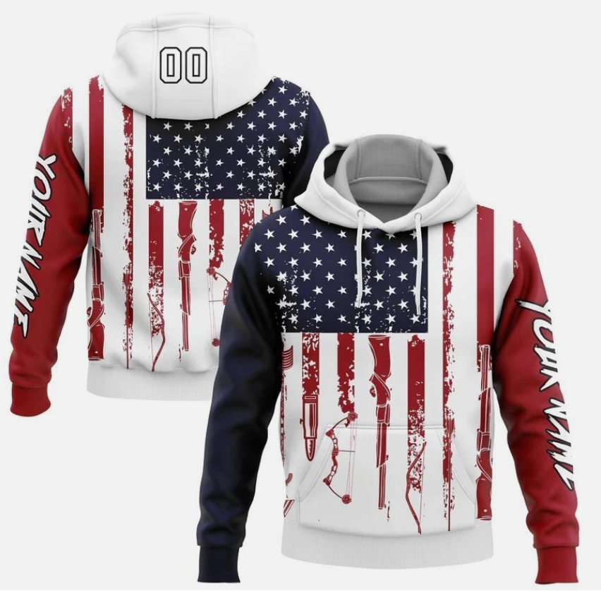 Custom Navy Red-Black 3D American Flag And Hunting Tools Sports Pullover Hoodie