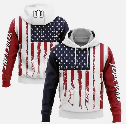 Custom Navy Red-Black 3D American Flag And Hunting Tools Sports Pullover Hoodie