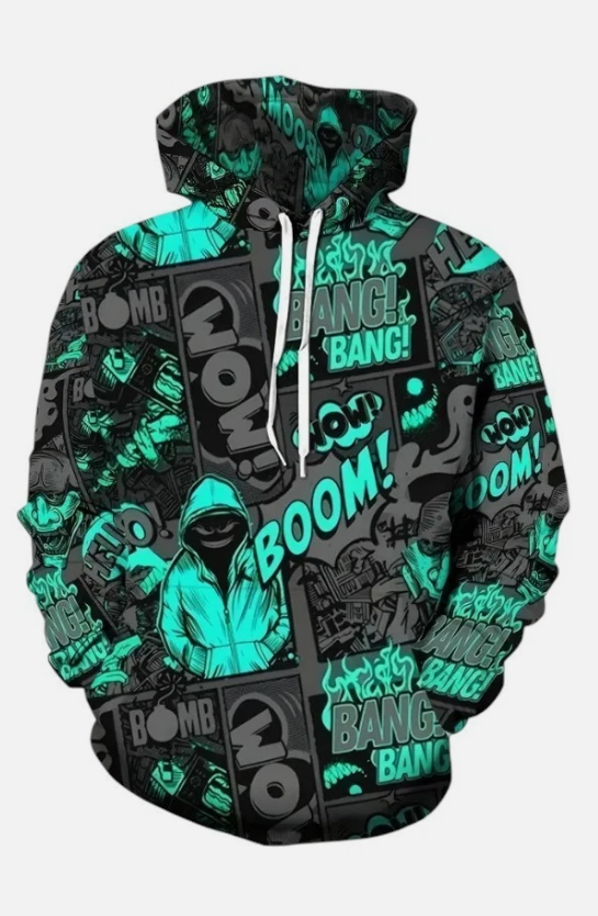 Men's High Street Hoodie with 3D Digital Printed Dark Graffiti Cartoon Graphic