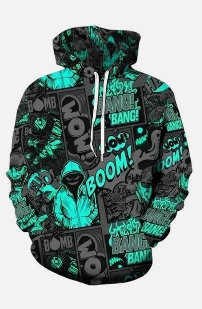 Men's High Street Hoodie with 3D Digital Printed Dark Graffiti Cartoon Graphic