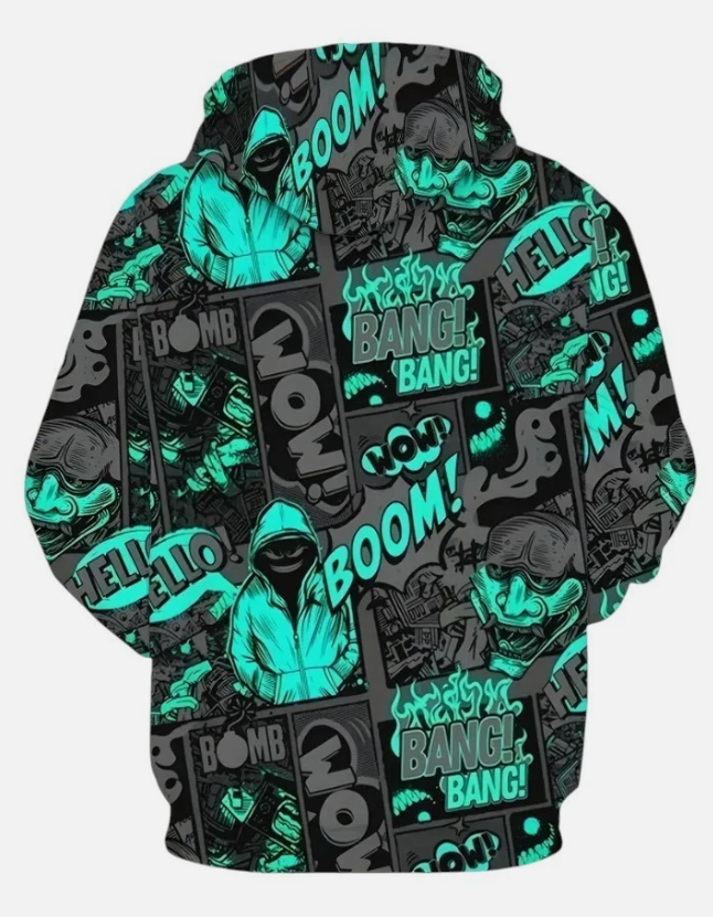 Men's High Street Hoodie with 3D Digital Printed Dark Graffiti Cartoon Graphic