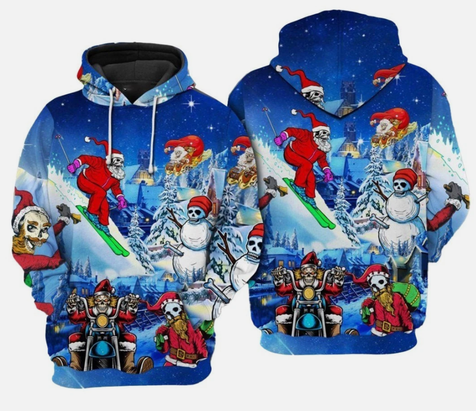 Christmas With Skull Pattern On Blue Unisex 3D Hoodie