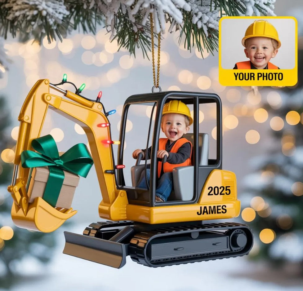 Personalized Kid Face Excavator Ornament: Custom Acrylic Christmas Gift