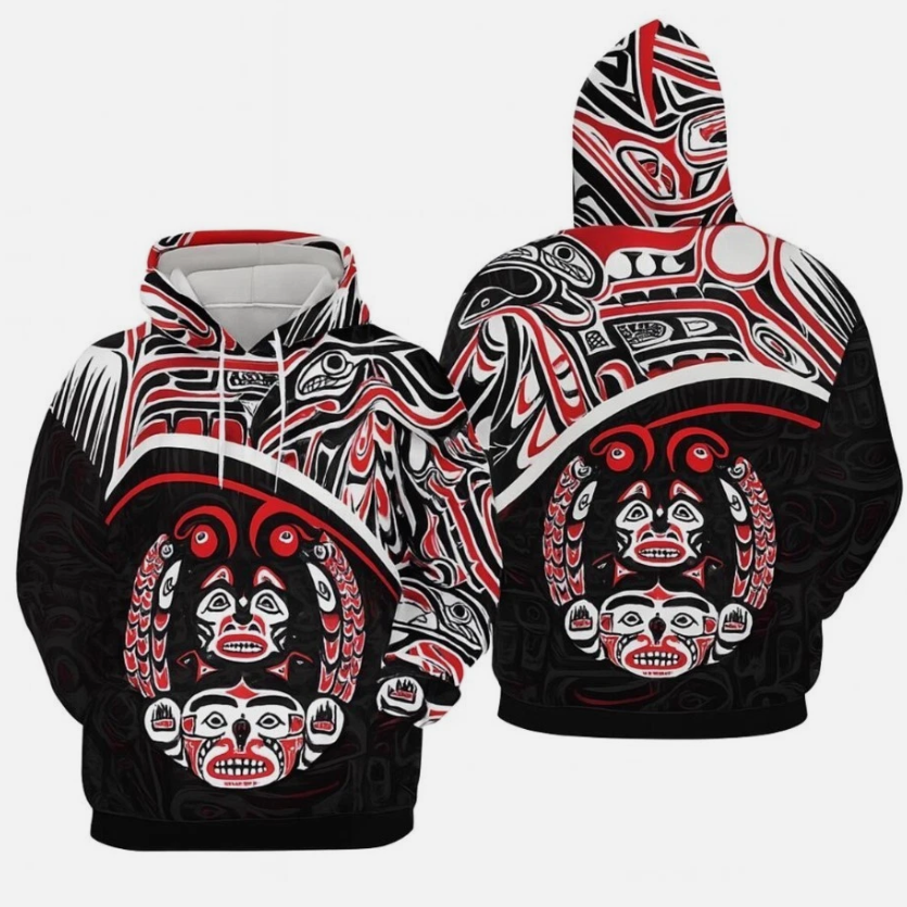 Pacific Northwest Tribal Totem Hoodie – Bold Red & Black Indigenous Art Pullover