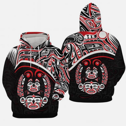 Pacific Northwest Tribal Totem Hoodie – Bold Red & Black Indigenous Art Pullover