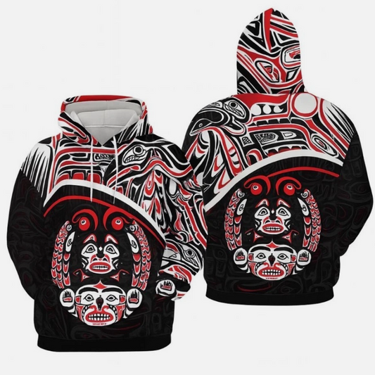 Pacific Northwest Tribal Totem Hoodie – Bold Red & Black Indigenous Art Pullover
