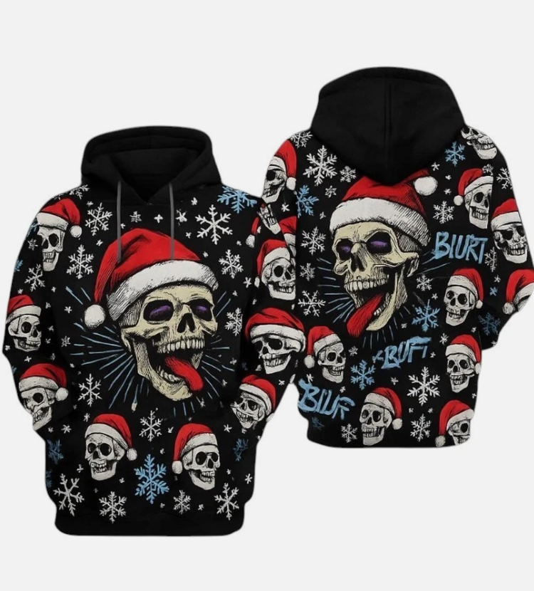 Gothic Christmas Skull Hoodie: 3D Santa Tongue Pullover