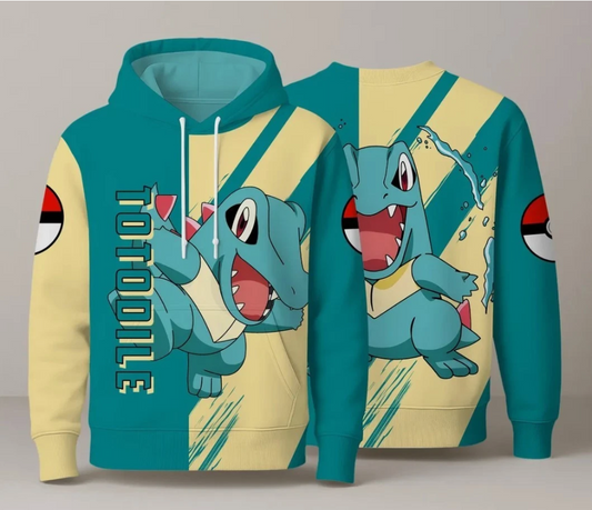 Totodile Hoodie, Cute Water Croc Hoodie, Blue and Cream Graphic Sweatshirt