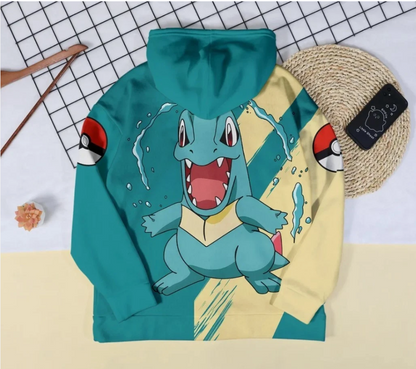 Totodile Hoodie, Cute Water Croc Hoodie, Blue and Cream Graphic Sweatshirt