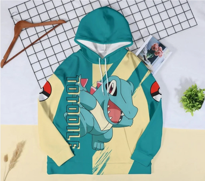Totodile Hoodie, Cute Water Croc Hoodie, Blue and Cream Graphic Sweatshirt